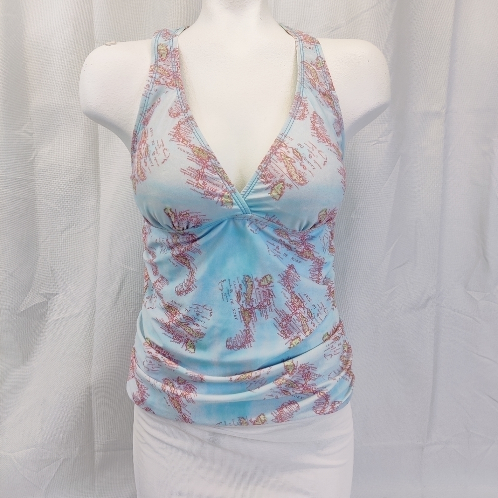 Popina Tankini Swim Tank Top Women's Sz Med Ruched V Neck Blue w/ Map Print